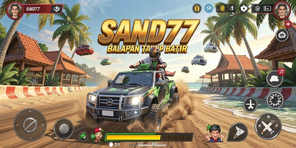 Tampilan gameplay SAND77 yang penuh aksi racing.