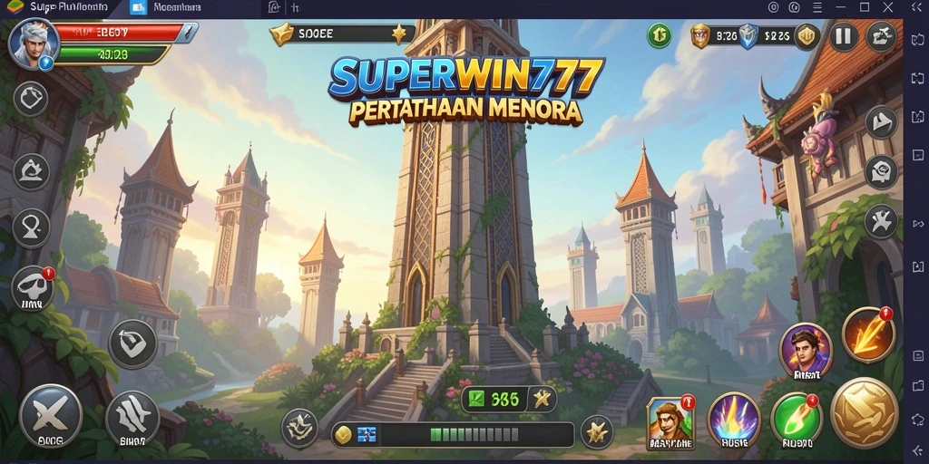 Tampilan gameplay <strong>SUPERWIN777</strong> dengan menara yang megah dan musuh yang menyerang.